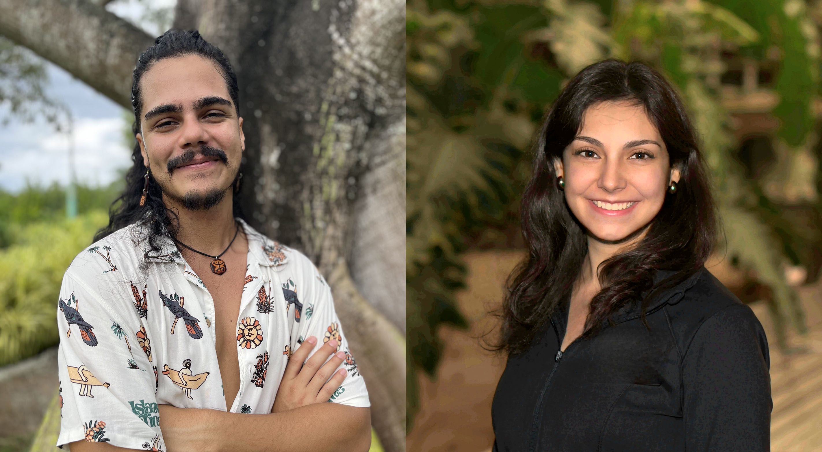 Two side-by-side images. On the left, a man with long hair in a bun. On the right, a woman with long dark hair.