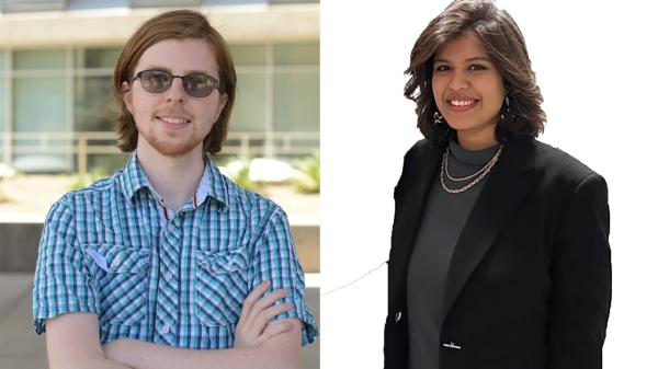 Two side-by-side images. On the left, a man with blonde hair and sunglasses stands crossing his arms. On the right, a woman with a black blazer and a pearl necklace smiles against a white background.