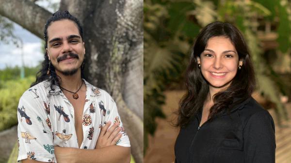 Two side-by-side images. On the left, a man with long hair in a bun. On the right, a woman with long dark hair.