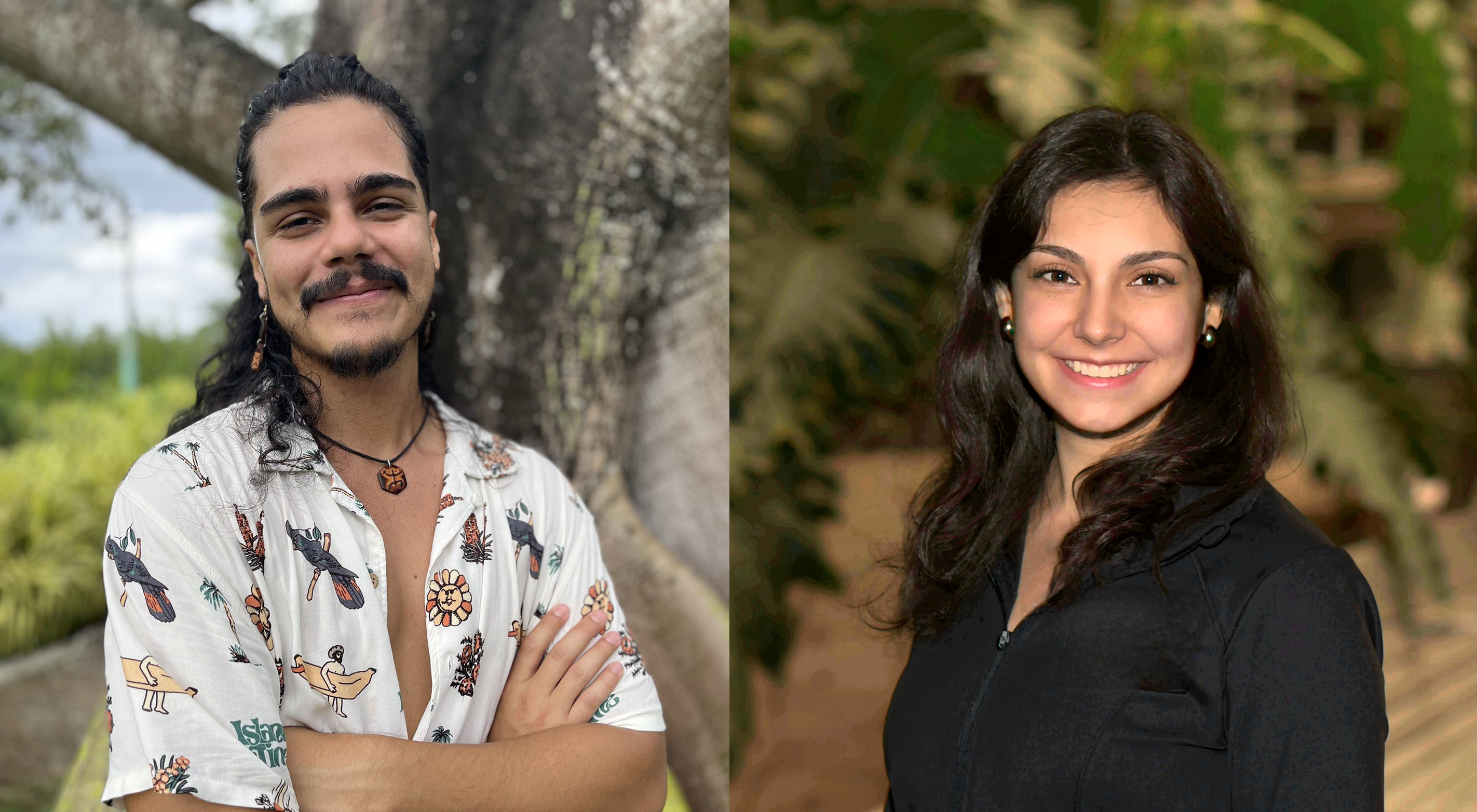 Two side-by-side images. On the left, a man with long hair in a bun. On the right, a woman with long dark hair.