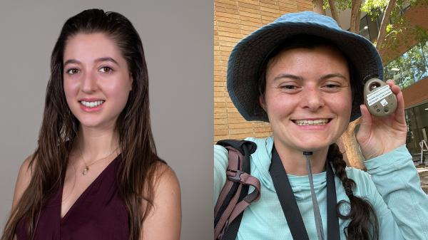 Two side-by-side images. On the left, a brunette woman smiles in front of a gray background. On the right, a woman in a hat smiles while holding up a gauge.